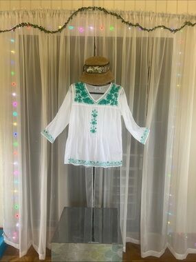 C.C White Tunic with Green Floral Embroidery